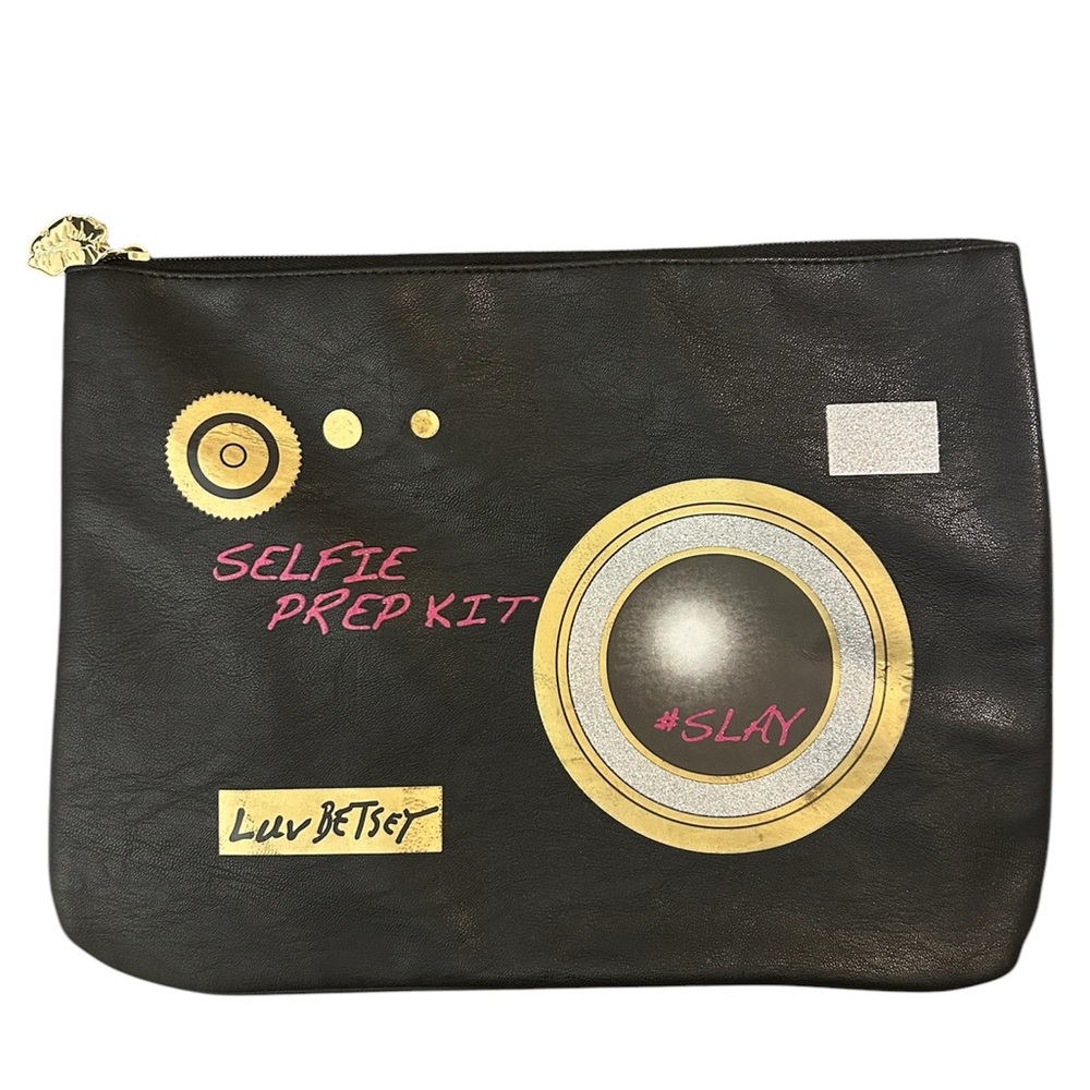 Luv Betsey Black/Gold Camera Print Selfie Prep Kit Women’s Zippered Bag Pouch